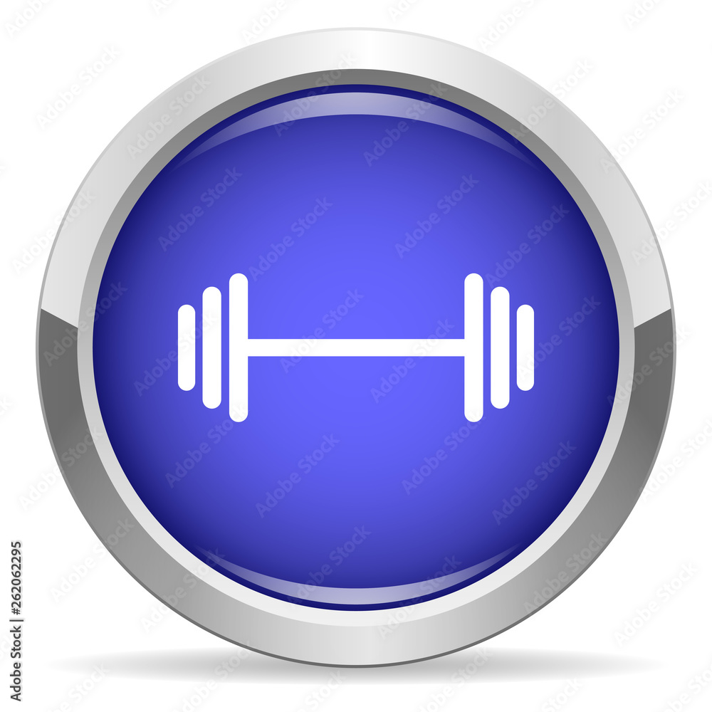 Barbell icon. Round bright blue button. Barbell icon. Round bright blue button.