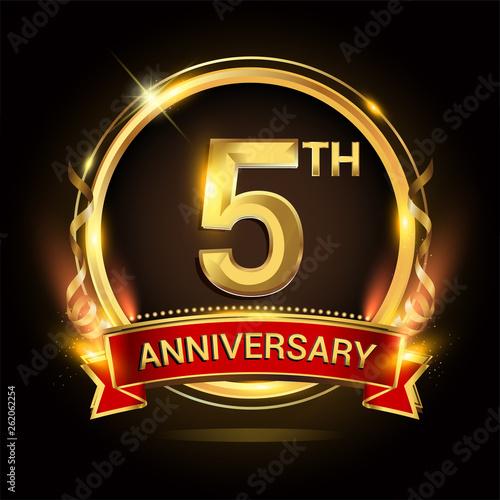 5th golden anniversary logo with ring and red ribbon, vector design.