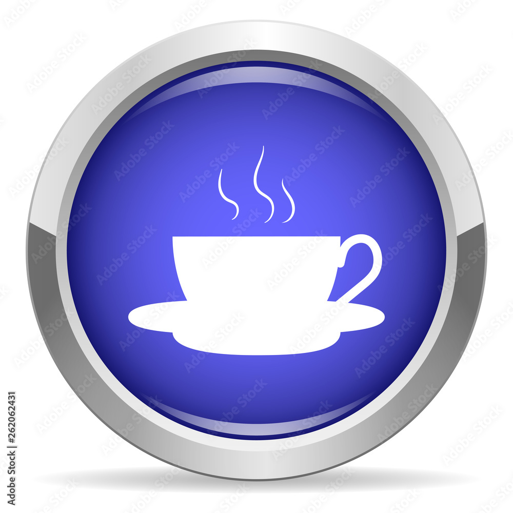 Coffee icon. Round bright blue button. Coffee icon. Round bright blue button.