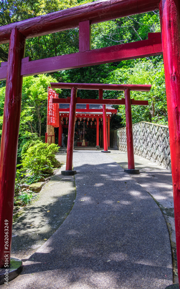 Row of traditional red Torii with entrance path to japanese Jigoku Meguri Shinto Shrine framed by a green landscape. Beppu, Oita Prefecture, Japan, Asia. Row of traditional red Torii with entrance path to japanese Jigoku Meguri Shinto Shrine framed by a green landscape. Beppu, Oita Prefecture, Japan, Asia.