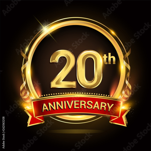 20th golden anniversary logo with ring and red ribbon, vector design.
