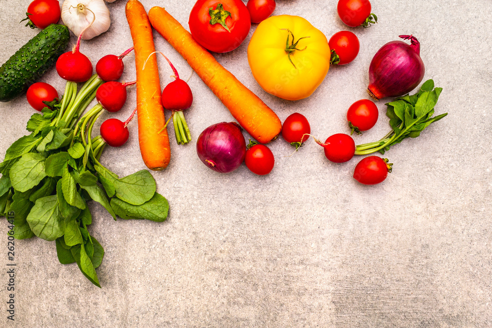 Assortment fresh organic vegetables. Food cooking stone background. Healthy vegetarian (vegan) eating concept, top view, flat lay. Assortment fresh organic vegetables. Food cooking stone background. Healthy vegetarian (vegan) eating concept, top view, flat lay.