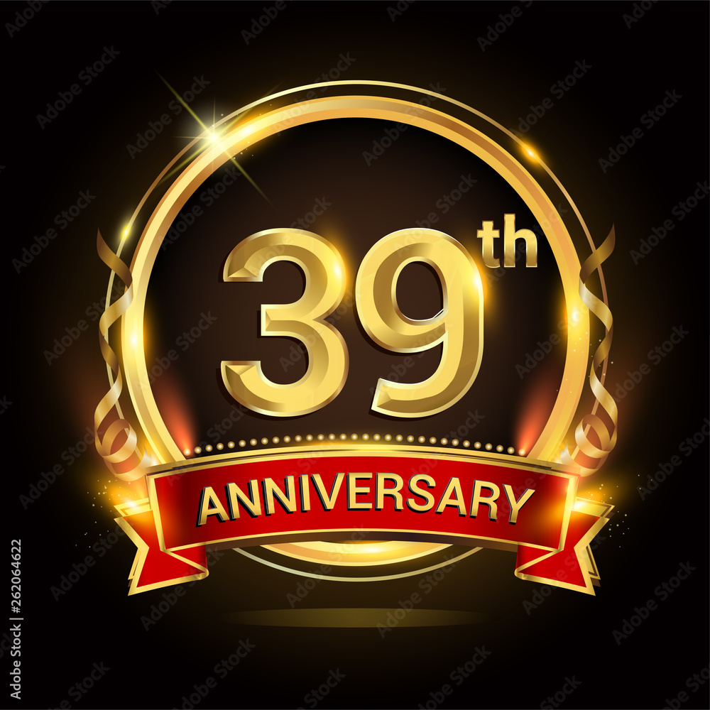 39th golden anniversary logo with ring and red ribbon, vector design.