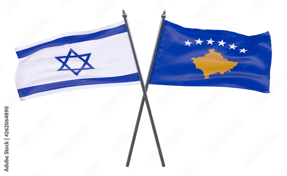 Israel and Kosovo, two crossed flags isolated on white background. 3d image Israel and Kosovo, two crossed flags isolated on white background. 3d image