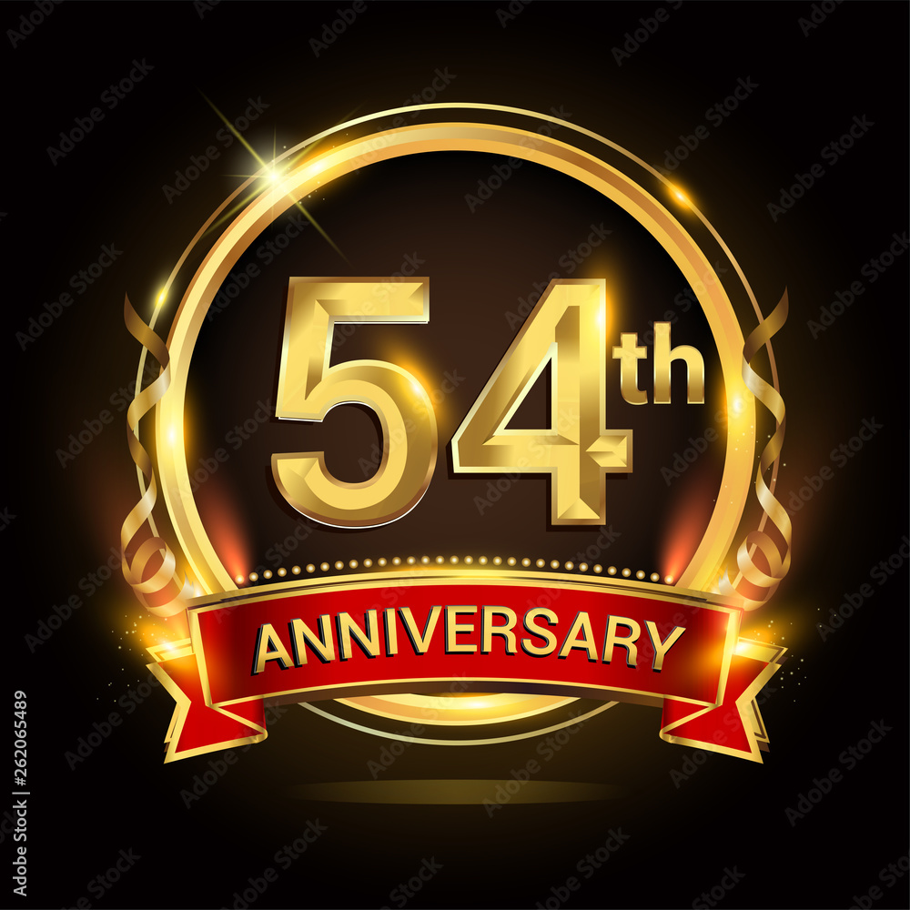 54th golden anniversary logo with ring and red ribbon, vector design. 54th golden anniversary logo with ring and red ribbon, vector design.