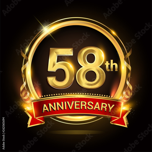 58th golden anniversary logo with ring and red ribbon, vector design.