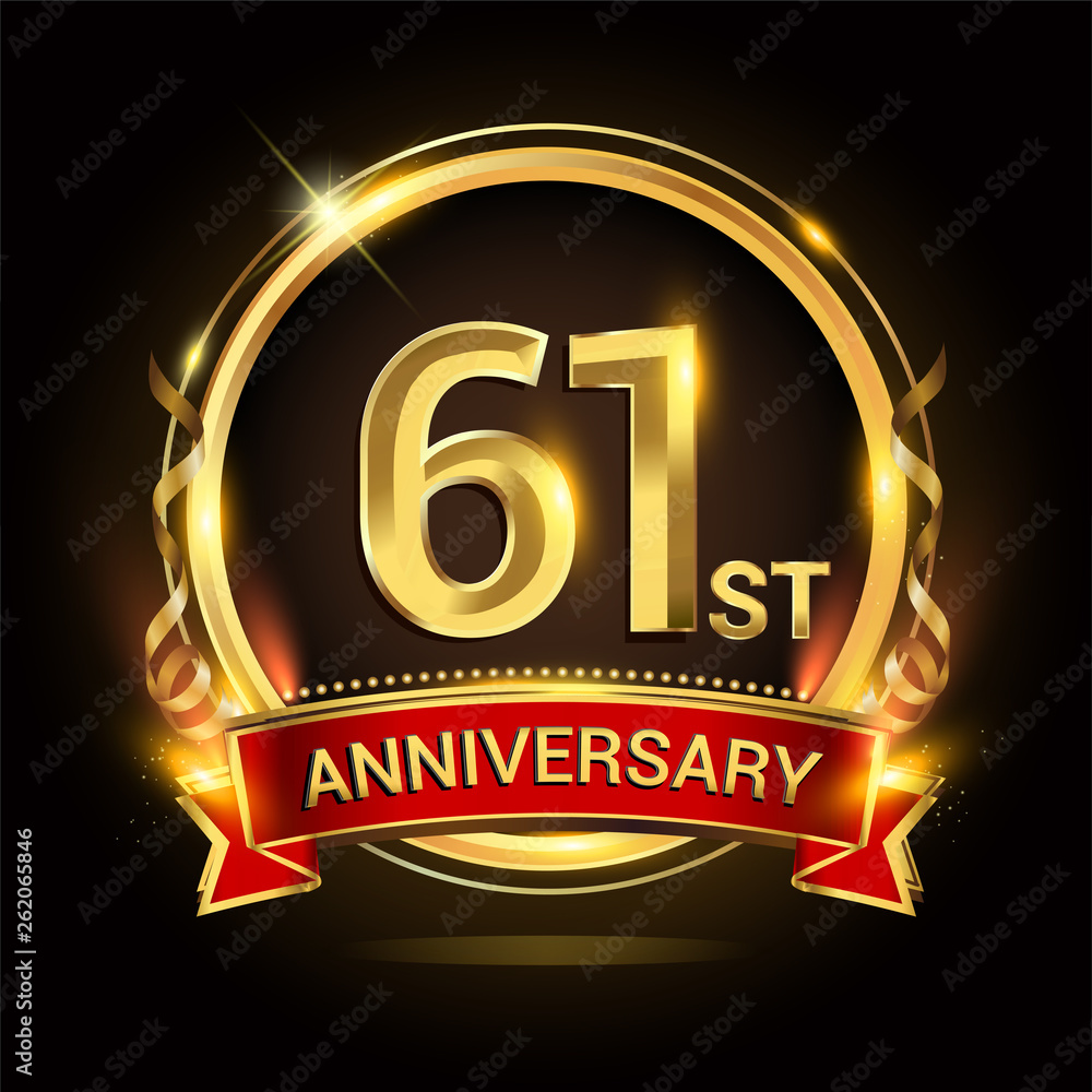 61st golden anniversary logo with ring and red ribbon, vector design. 61st golden anniversary logo with ring and red ribbon, vector design.