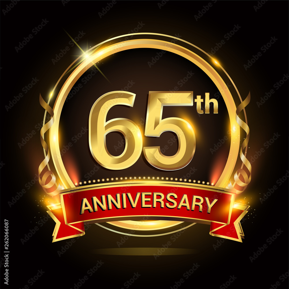 65th golden anniversary logo with ring and red ribbon, vector design. 65th golden anniversary logo with ring and red ribbon, vector design.