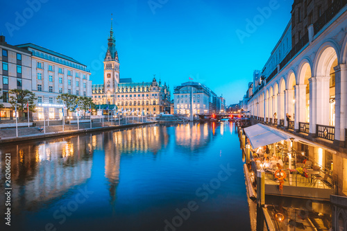 Hamburg skyline with city hall at twilight  Germany