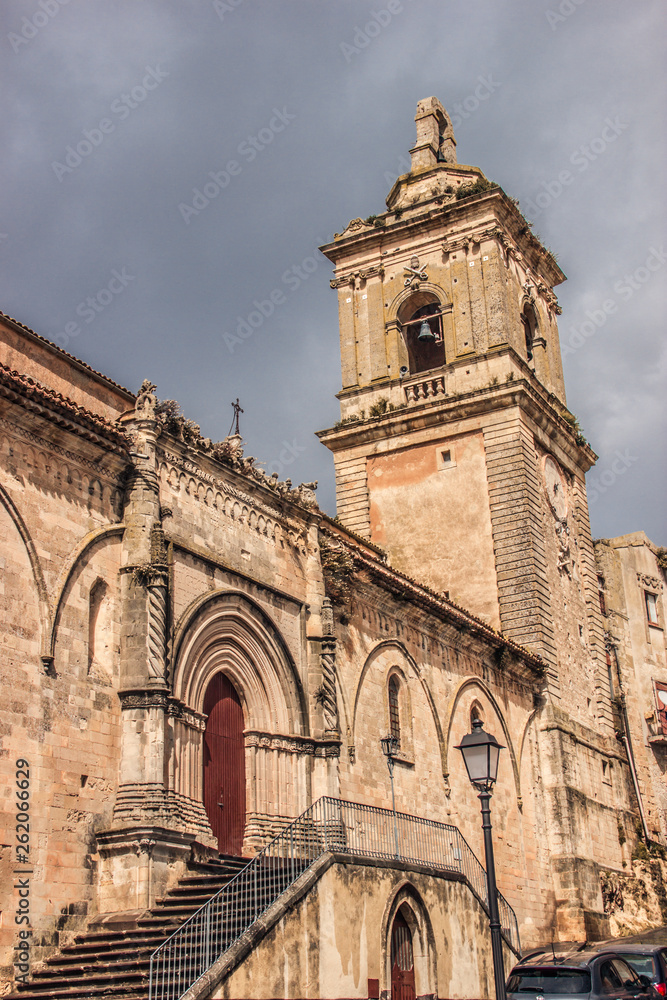 Vizzini, Sicily, Italy: HDR main historic church of Vizzini, side view, the beauty of its characteristic baroque architecture with sky in background