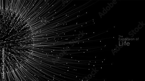 Expansion of life. Vector sphere explosion background. Small particles strive out of center. Blurred debrises into rays or lines under high speed of motion. Burst, explosion backdrop.