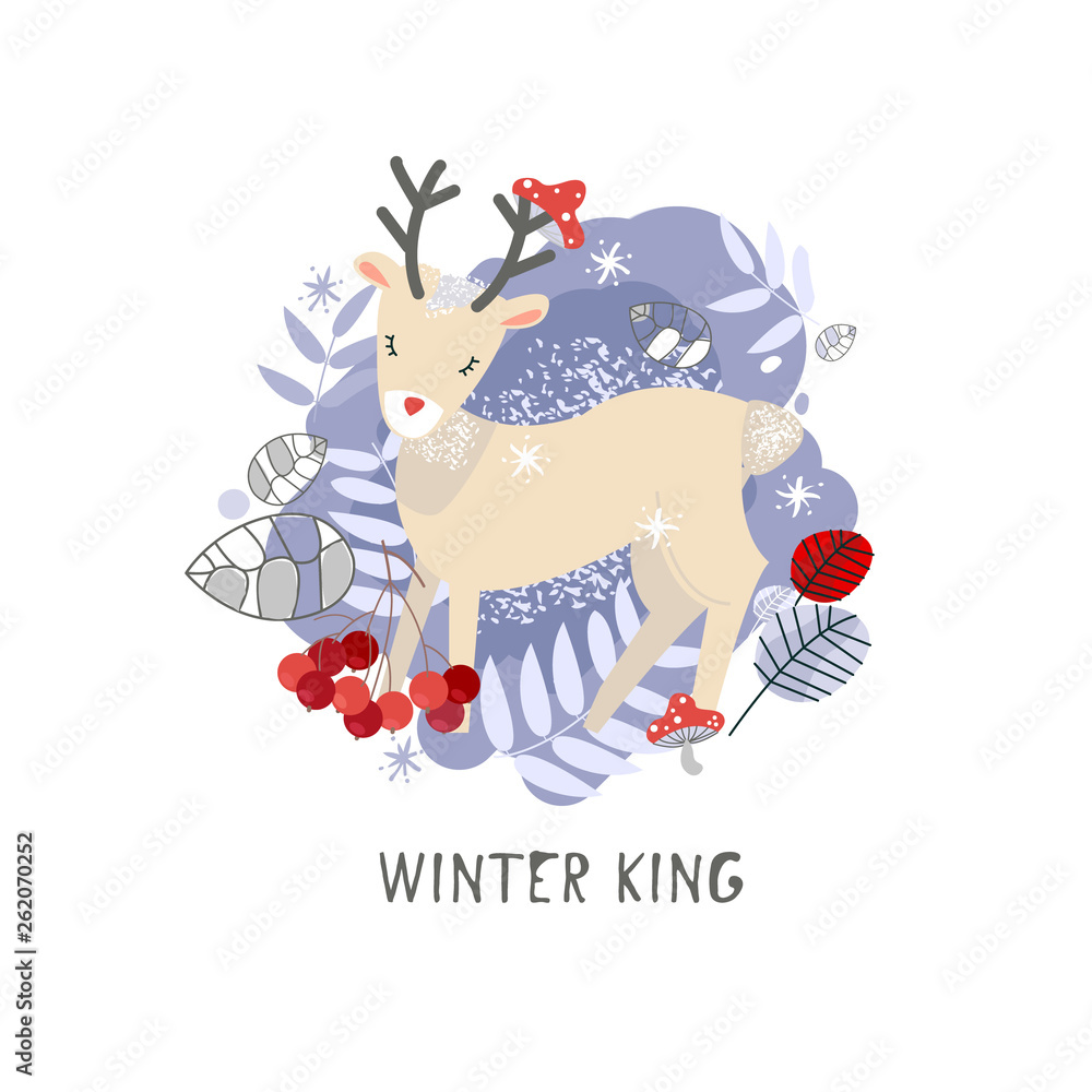 Vector winter illustration of hare. Winter elements of plants, grass mushrooms Vector winter illustration of hare. Winter elements of plants, grass mushrooms