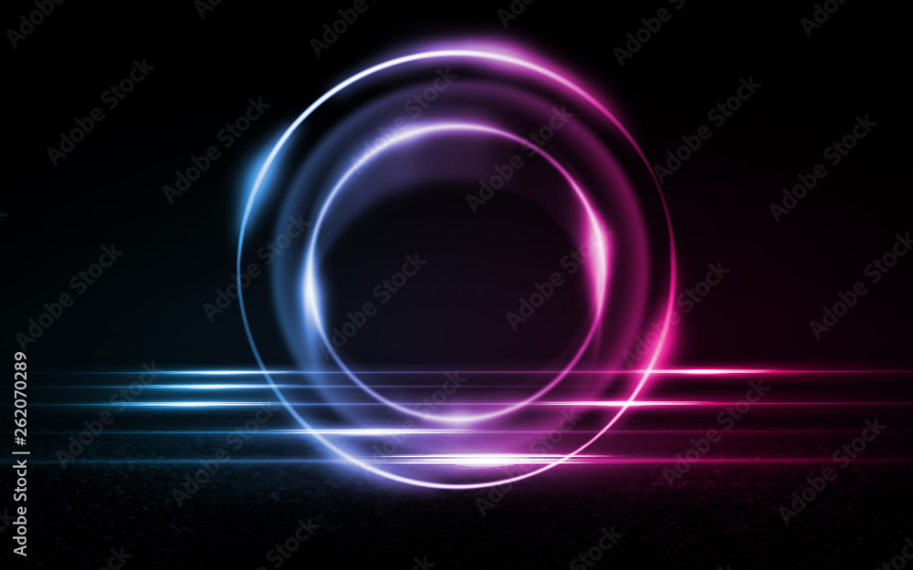 Empty background scene. Dark street, a reflection of blue and pink neon light on wet pavement. Rays of light in the dark, smoke. Night view of the street, the city. Abstract dark background. Empty background scene. Dark street, a reflection of blue and pink neon light on wet pavement. Rays of light in the dark, smoke. Night view of the street, the city. Abstract dark background.
