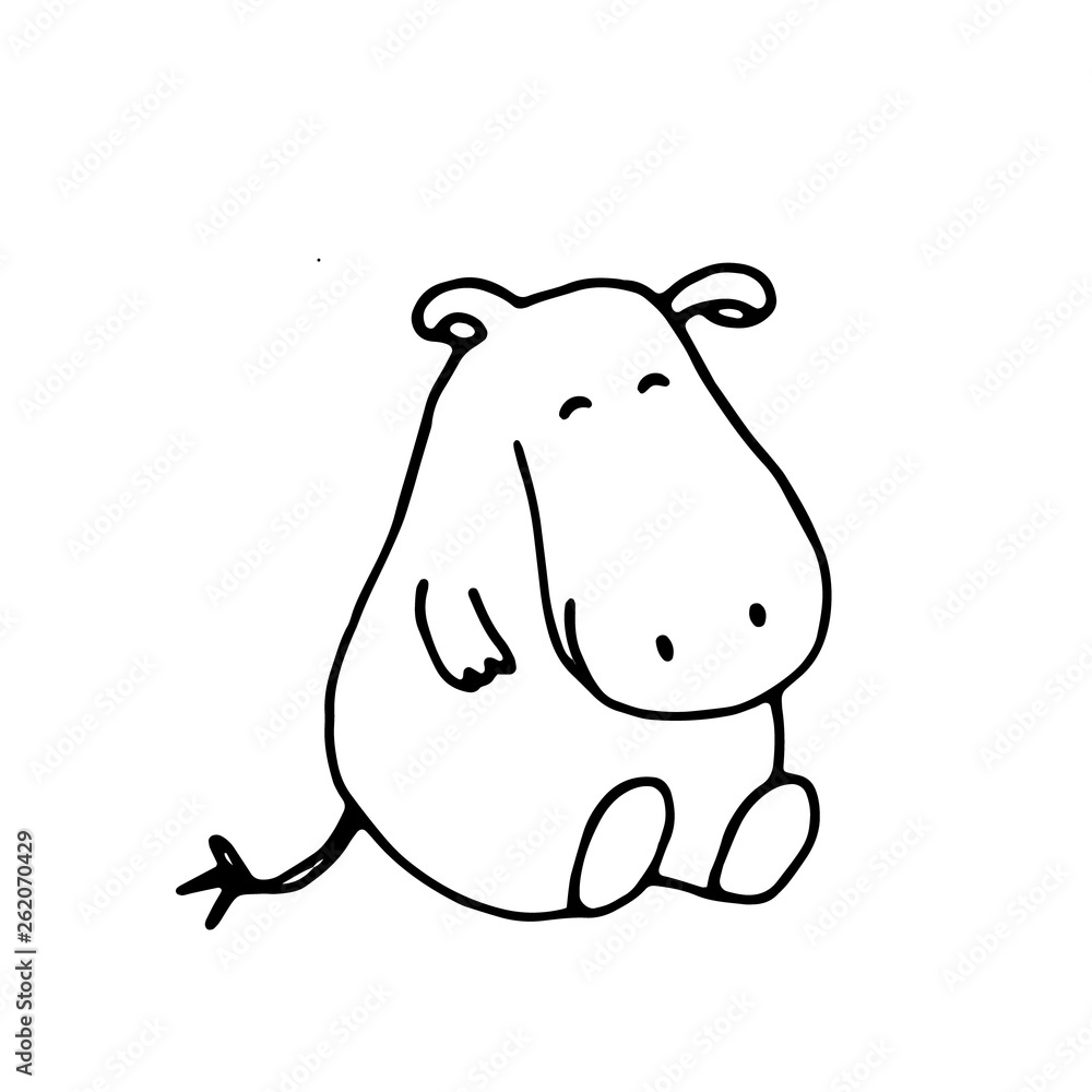 vector hand drawn doodle illustration of happy, smiling hippo,perfect as simple, cheerful template,cute card or a cartoon background with an animal theme for happy children,made in black and white