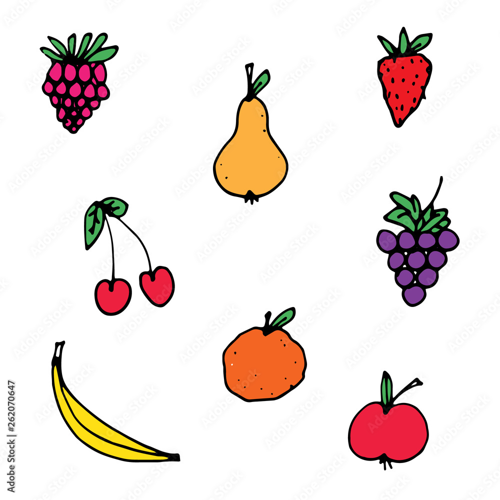 vector doodle set or collection of a healthy, colorful, organic fruits, drawn by hand, perfect as a funny wallpaper, background, illustration or a seamless pattern of summer, natural and tasty food vector doodle set or collection of a healthy, colorful, organic fruits, drawn by hand, perfect as a funny wallpaper, background, illustration or a seamless pattern of summer, natural and tasty food