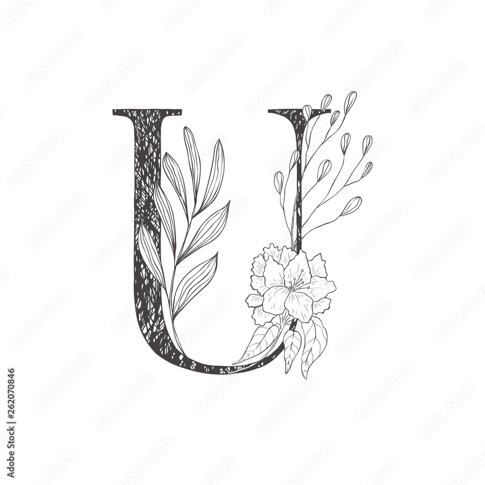 Floral botanical alphabet. Letter with plants and flowers. Floral botanical alphabet. Letter with plants and flowers.