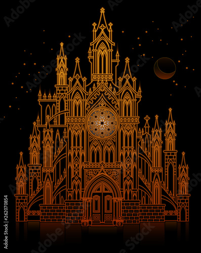 Illustration of fantasy fairyland medieval castle at night. Gothic architectural style with pointed arch. Cover for baby fairy tale book. Modern print. Middle ages in Western Europe. Vector image. photo