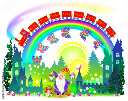 Illustration of fantasy fairyland kingdom. Cover for kids fairy tale book. Poster for travel company. Modern print for little children and kindergarten. Vector cartoon image.