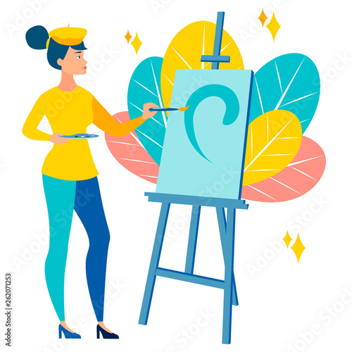 The girl, the artist paints a picture. Art scene. In minimalist style Cartoon flat Vector