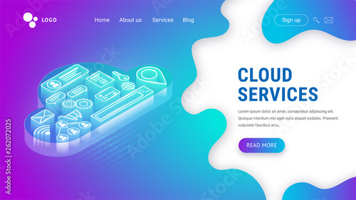Isometric cloud services landing neon