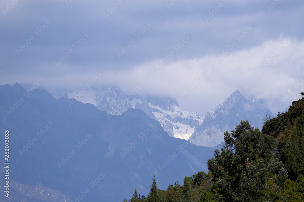 View of the Jade Dragon Snow Mountain from Jade Spring Park, Lijiang, Yunnan, China