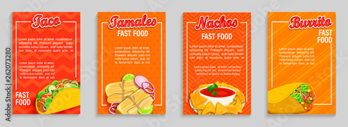 Set of mexican fast food shop flyers,banners.Set of taco,tamales,nachos,burrito menu pages for caffee, resaurant. Takeaway snack,poster,card for cafeteris,truck advertise.Template for design,vector