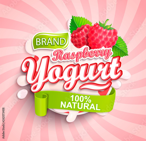 Natural and fresh raspberry Yogurt logo splash on sunburst background for your brand, template, label, emblem for groceries, stores, packaging, packing and advertising. Vector illustration.