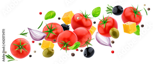 Flying vegetable salad isolated on white background with clipping path, falling fresh salad ingredients