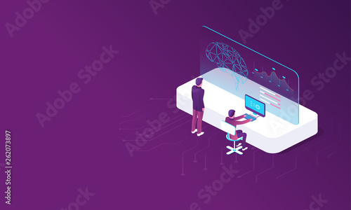 Digital technology banner. Modern template with artificial intelligence. Data analysis. Artificial intelligence in 3d style. Artificial intelligence digital brain future technology isometric