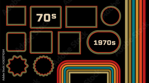1970s Style Museum Picture Frames Vector Set. Trendy 1970s, Old Fashioned Artistic Decorative Borders. Retro Background With Multicolored Lines, Geometric Shapes. 70s Flat Illustration With Copyspace photo