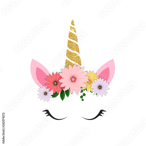 Cute unicorn head and eyes with flower. Vector Illustration