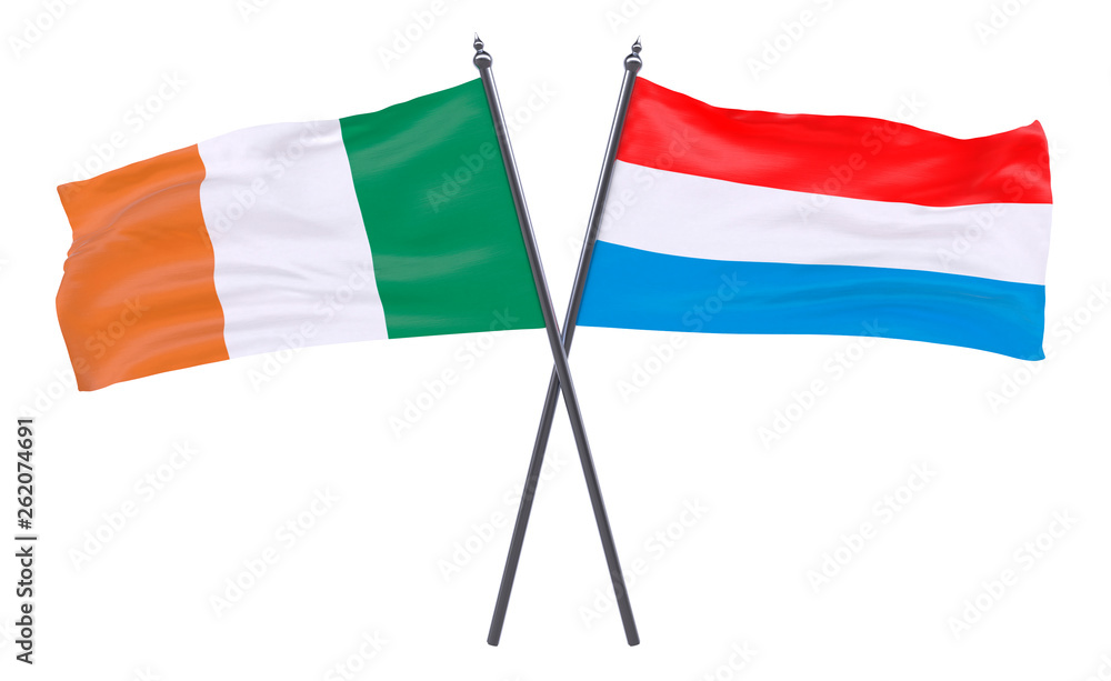 Ireland and Luxembourg, two crossed flags isolated on white background. 3d image Ireland and Luxembourg, two crossed flags isolated on white background. 3d image