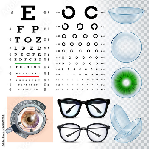 Ophthalmology Tools, Sight Examination Equipment Vector Set. Ophthalmology Accessories, Eye Test, Spectacles, Lenses And Phoropter. Ophthalmologist Visit. Eyesight Examination Realistic Illustration