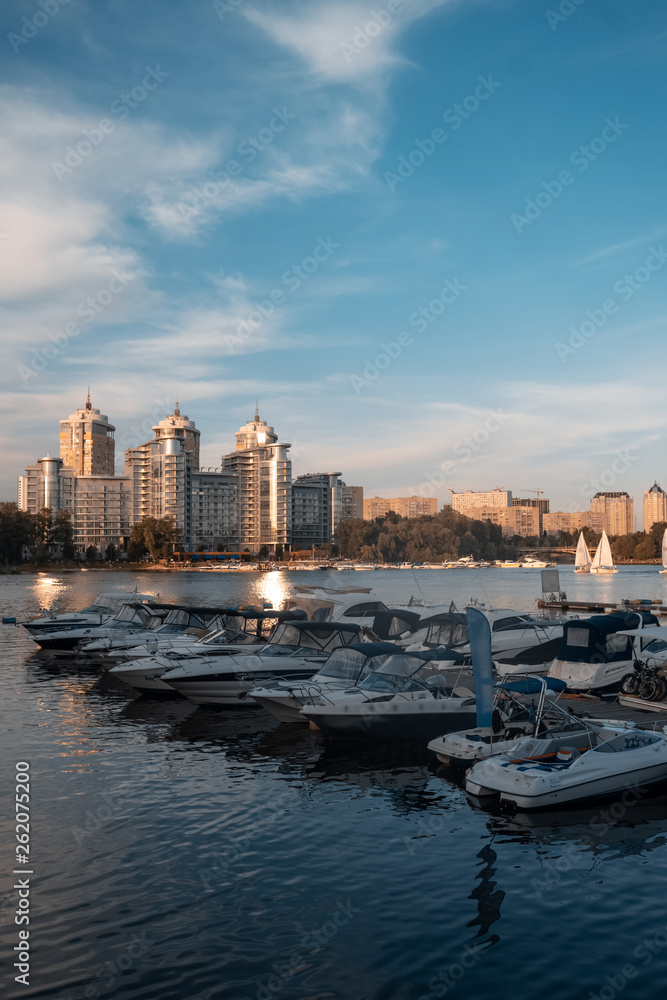 yacht club with boats on city skyline