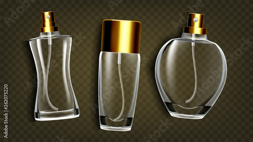 Perfumery Products, Toilet Water Mockup Vector Set. Perfumery Accessories, Female Perfume Bottles Isolated On Transparent Background. Female Cologne, Scent. Luxury Cosmetics Realistic Illustration