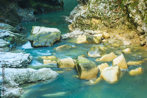 Large rocks and boulders along the river. Okatse Canyon. Rest in Georgia. Nature in the Imereti region. photo