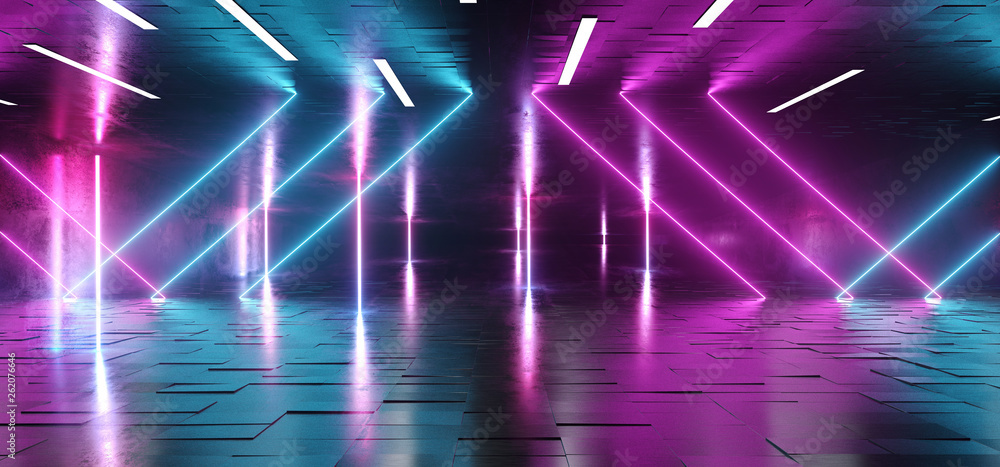 Neon Fluorescent Laser Led Psychedelic Garage Elegant Futuristic Sci Fi Modern Dark Empty Room With Tiled Metal Floor And Roof With Led Lights And Purple And Blue Glowing Light Rays 3D Rendering Neon Fluorescent Laser Led Psychedelic Garage Elegant Futuristic Sci Fi Modern Dark Empty Room With Tiled Metal Floor And Roof With Led Lights And Purple And Blue Glowing Light Rays 3D Rendering