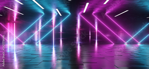 Fototapeta Naklejka Na Ścianę i Meble -  Neon Fluorescent Laser Led Psychedelic Garage Elegant Futuristic Sci Fi Modern Dark Empty Room With Tiled Metal Floor And Roof With Led Lights And Purple And Blue Glowing Light Rays 3D Rendering