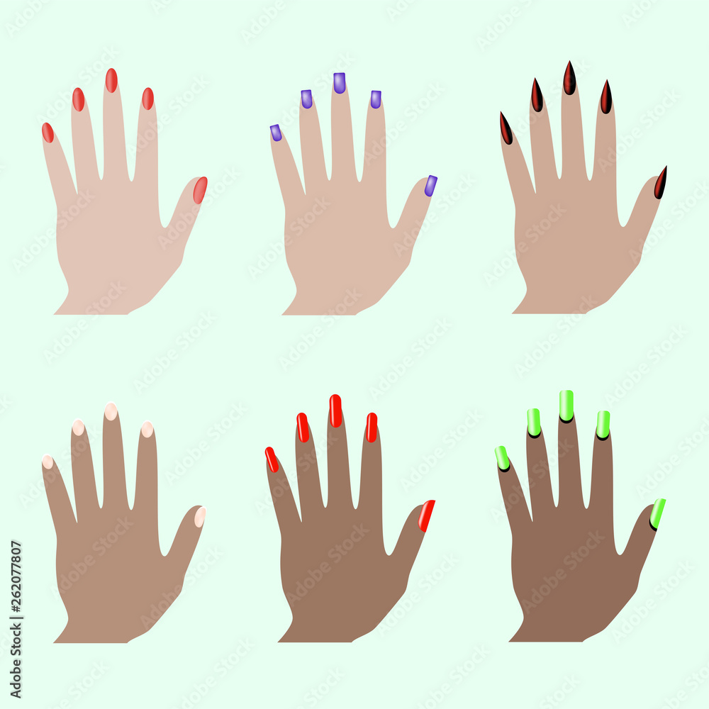Different nail shapes. Fingernails fashion trends. Nail in modern style. Colorful graphic concept. Beauty salon. Modern nail, great design for any purposes. Different nail shapes. Fingernails fashion trends. Nail in modern style. Colorful graphic concept. Beauty salon. Modern nail, great design for any purposes.