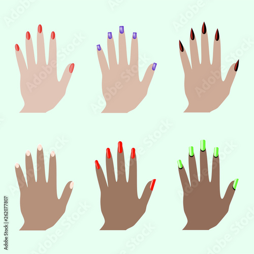 Different nail shapes. Fingernails fashion trends. Nail in modern style. Colorful graphic concept. Beauty salon. Modern nail, great design for any purposes.