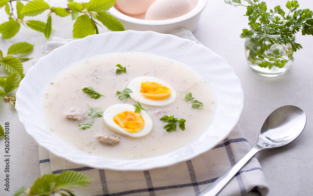 Traditional soup of white borscht.