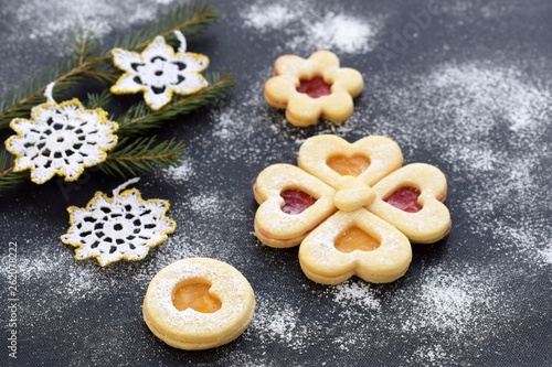 Linzer cookies of two colors with handmade crocheted decoration