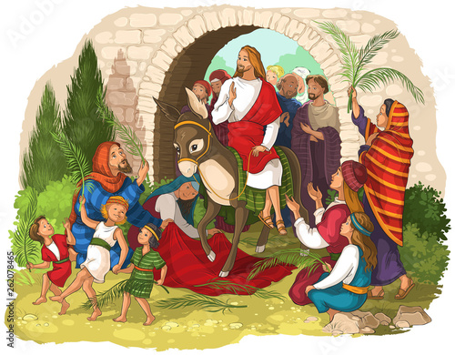 Entry of Our Lord into Jerusalem (Palm Sunday). Jesus Christ riding a donkey. Crowds welcome him with palm fronds, spread clothes before him