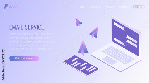 Web page design template. Email service isometric vector illustration. Webmail or mobile service layout for website landing header. Flat isometric vector illustration. EPS 8.