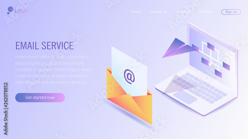 Web page design template. Email service isometric vector illustration. Webmail or mobile service layout for website landing header. Flat isometric vector illustration. EPS 10.