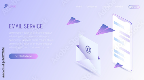 Web page design template. Email service isometric vector illustration. Webmail or mobile service layout for website landing header. Flat isometric vector illustration. EPS 10.