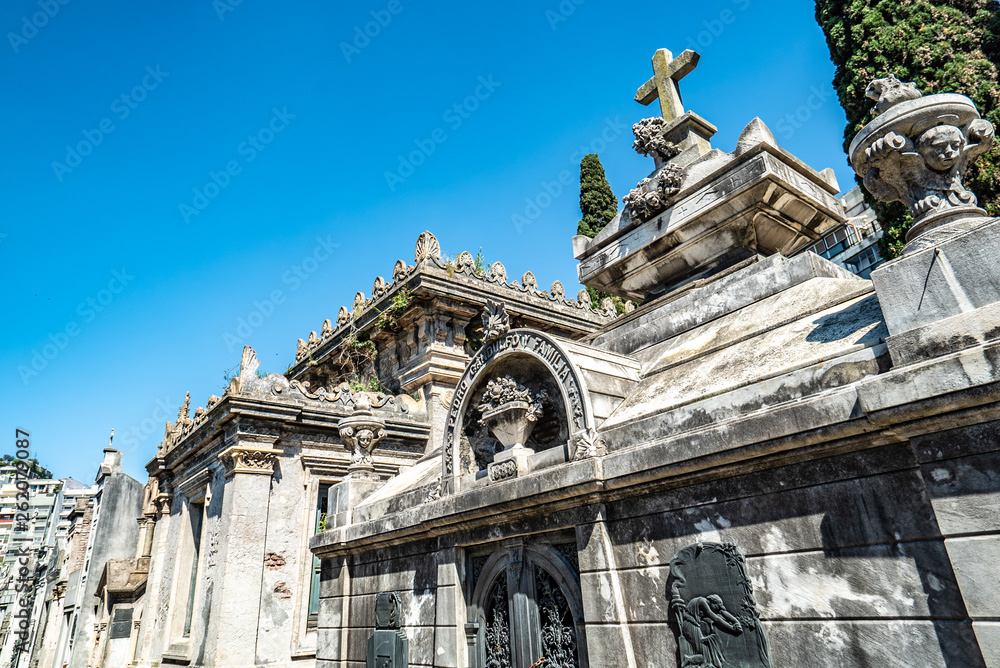 Buenos Aires, Argentina-03 Octubre, 2018: Famous La Recoleta Cemetery in Buenos Aires that contains the graves of notable people, including Eva Peron, presidents of Argentina, Nobel Prize winners