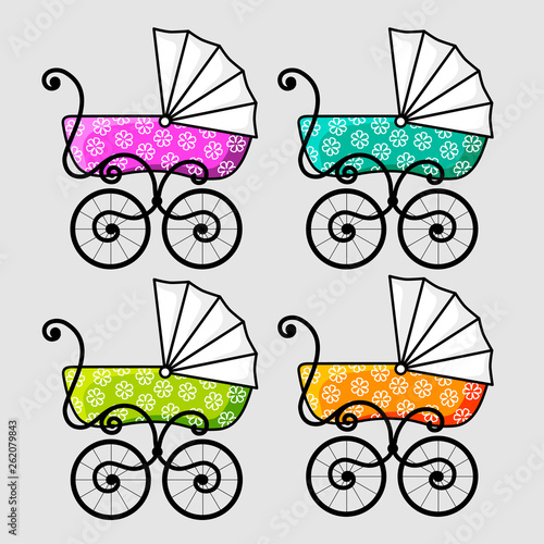 Colorful baby carriages with sleeping block in retro style