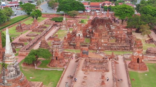 Aerial view over buddhist temple in Ayutthaya, Wat Maha Tahat, Thailand photo