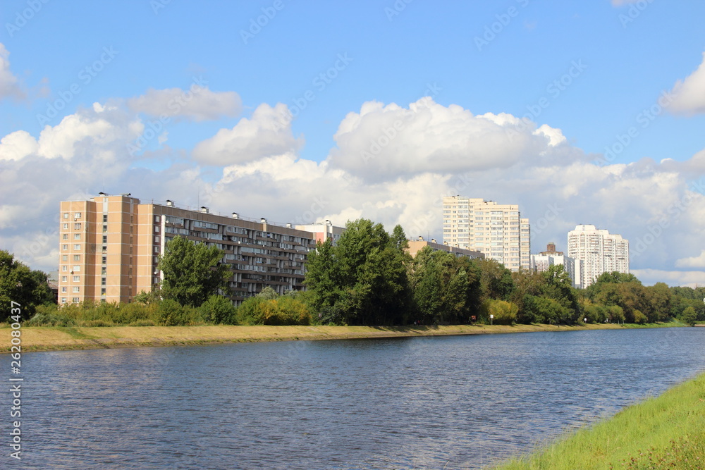 Moscow / Russia – 08 26 2017:  Navigation canal name of Moscow in Tushino before the accident - view to water emergency area 